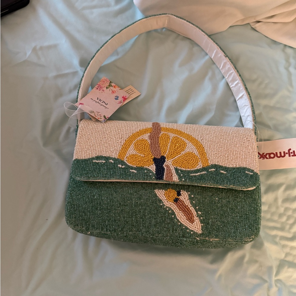 Chic Green and White Beaded Shoulder Bag